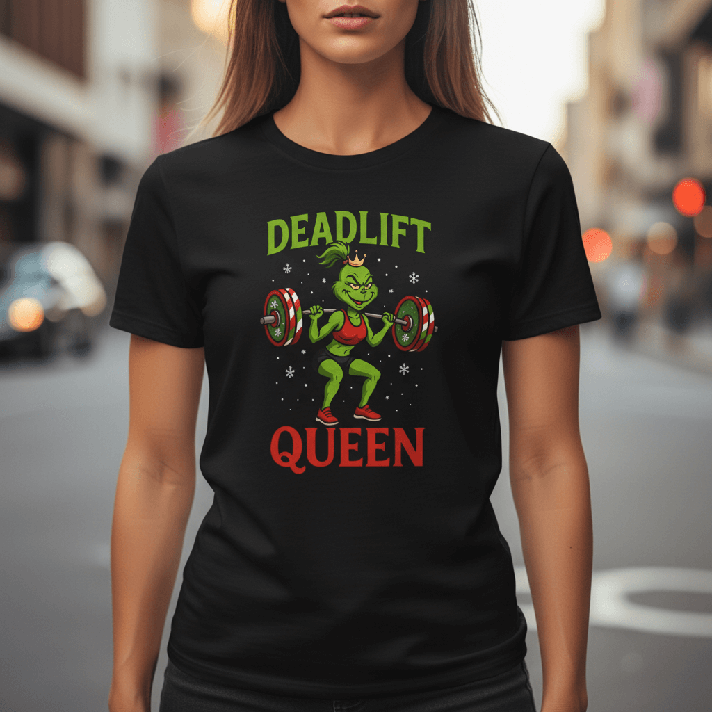 Deadlift Queen T-Shirt - Lifestyle Foto Frau mit Grinch Fitness Design