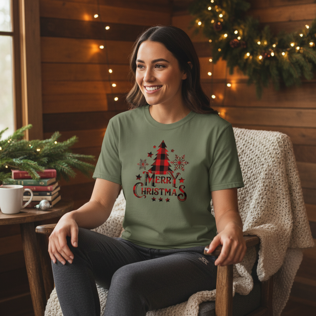 Merry Christmas T-Shirt mit Buffalo Plaid Tannenbaum Design - Unisex Weihnachts Tee