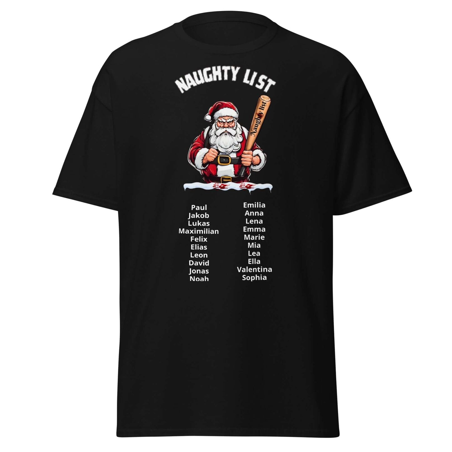 Naughty List T-Shirt Schwarz - Vorderseite mit Weihnachtsmann Motiv