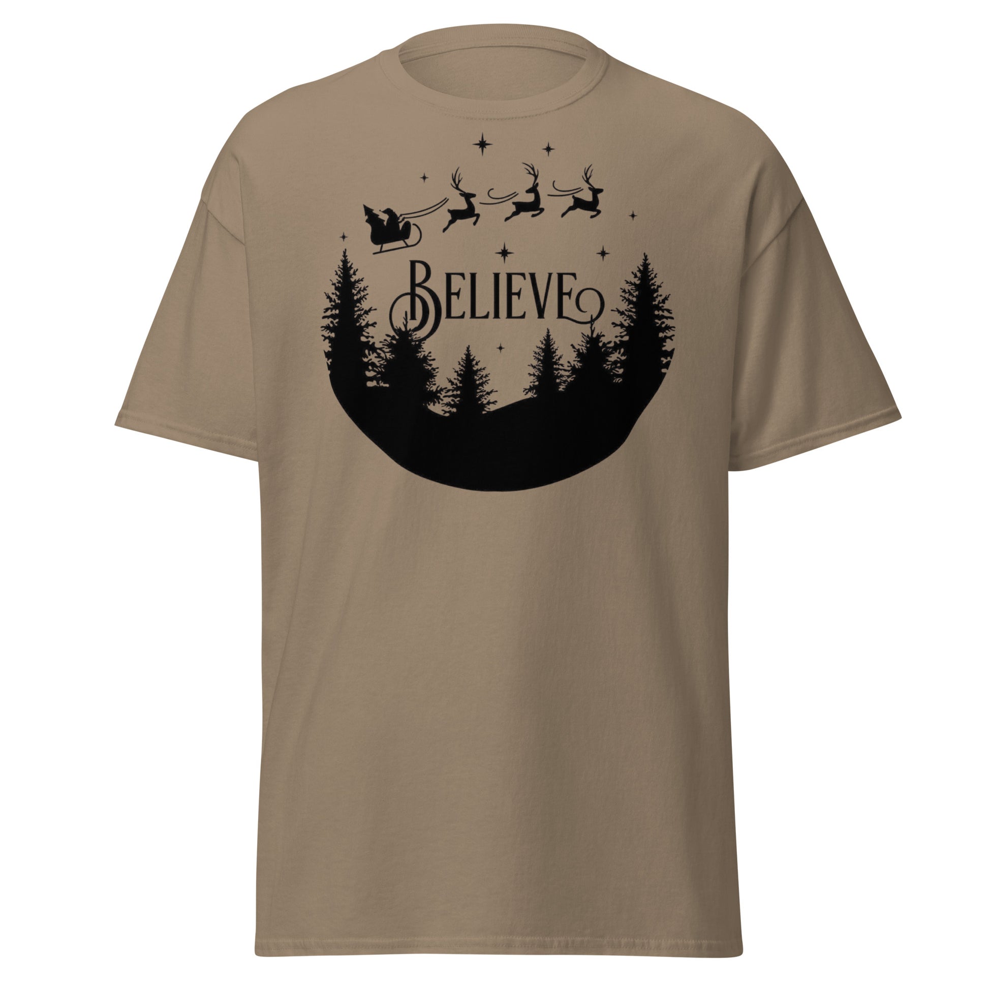 Believe Weihnachts T-Shirt in Brown Savana - Rentier Design Unisex Vorderseite