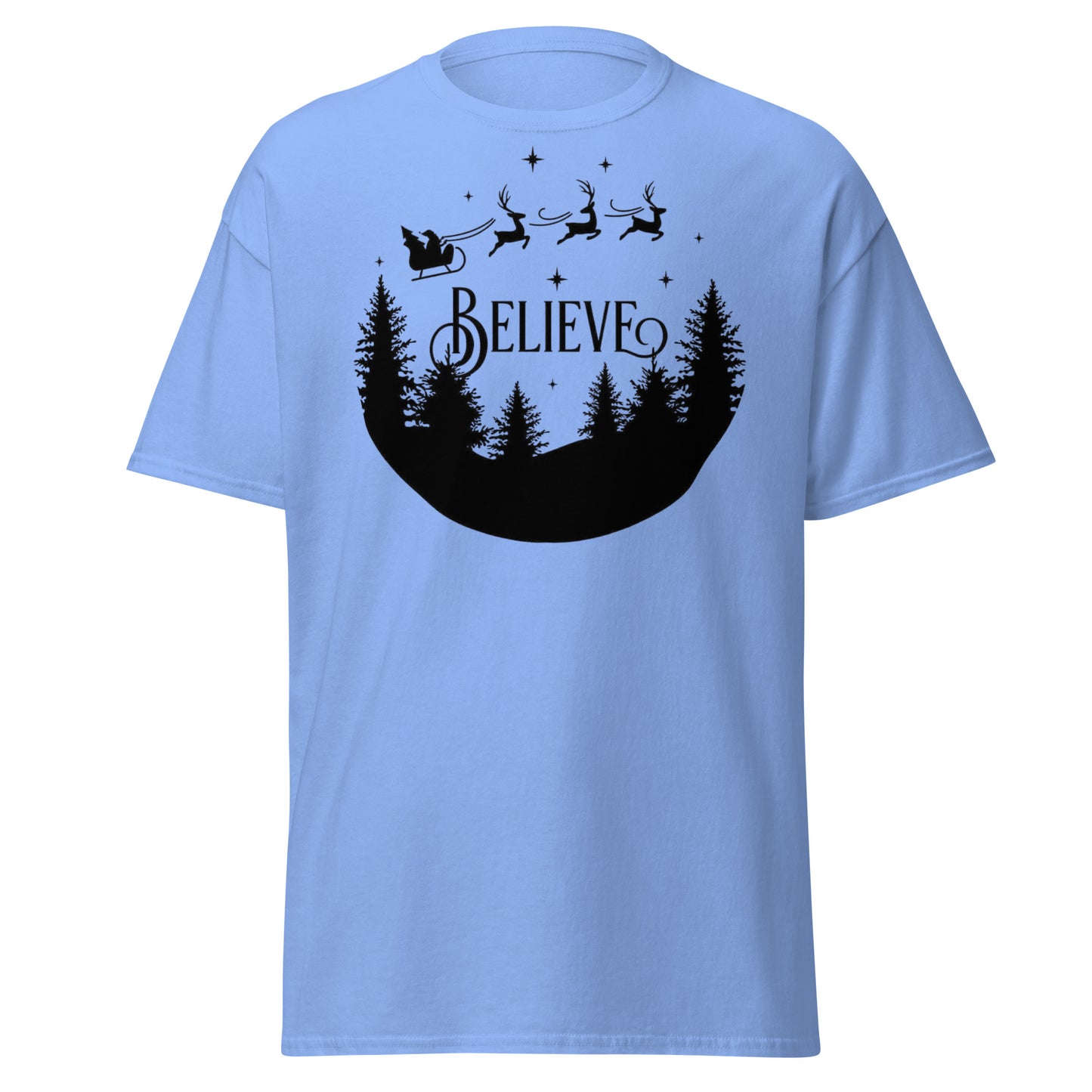 Believe Weihnachts T-Shirt in Carolina Blue - Unisex Christmas Tee Vorderansicht