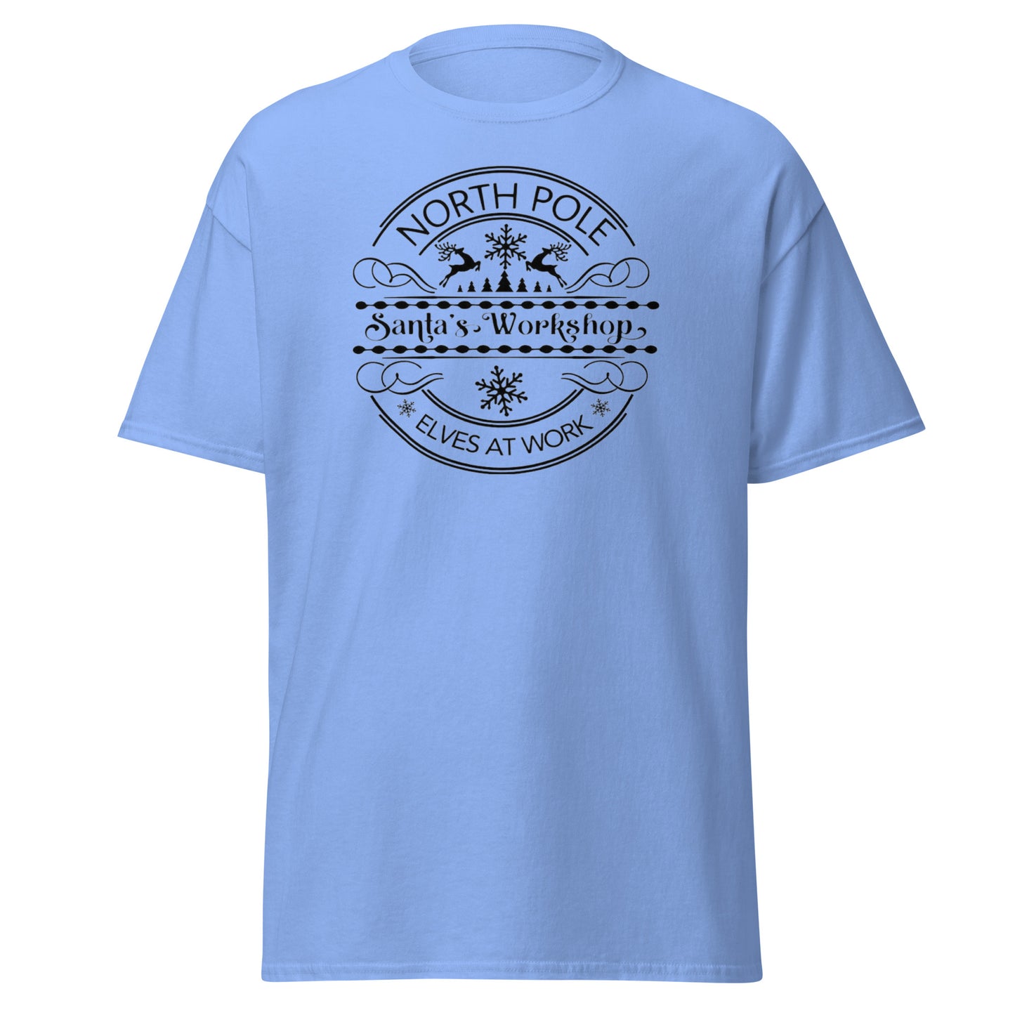 North Pole Santa's Workshop T-Shirt in Carolina Blue - Unisex Weihnachts Tee Vorderansicht