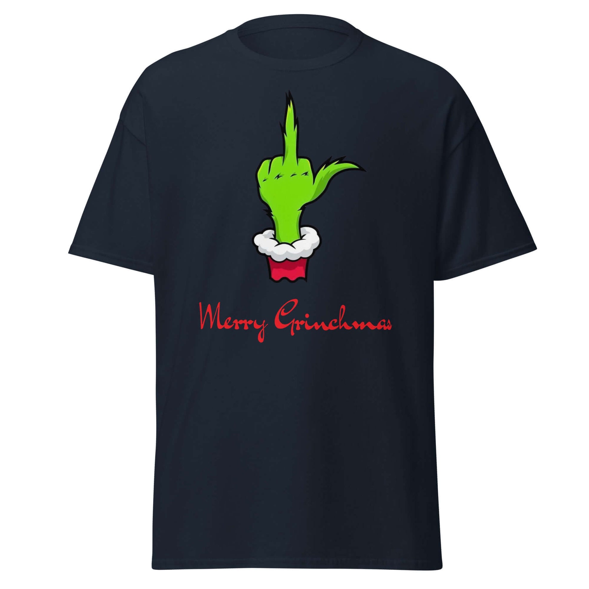 Merry Grinchmas T-Shirt Navy - Vorderseite mit Grinch Design