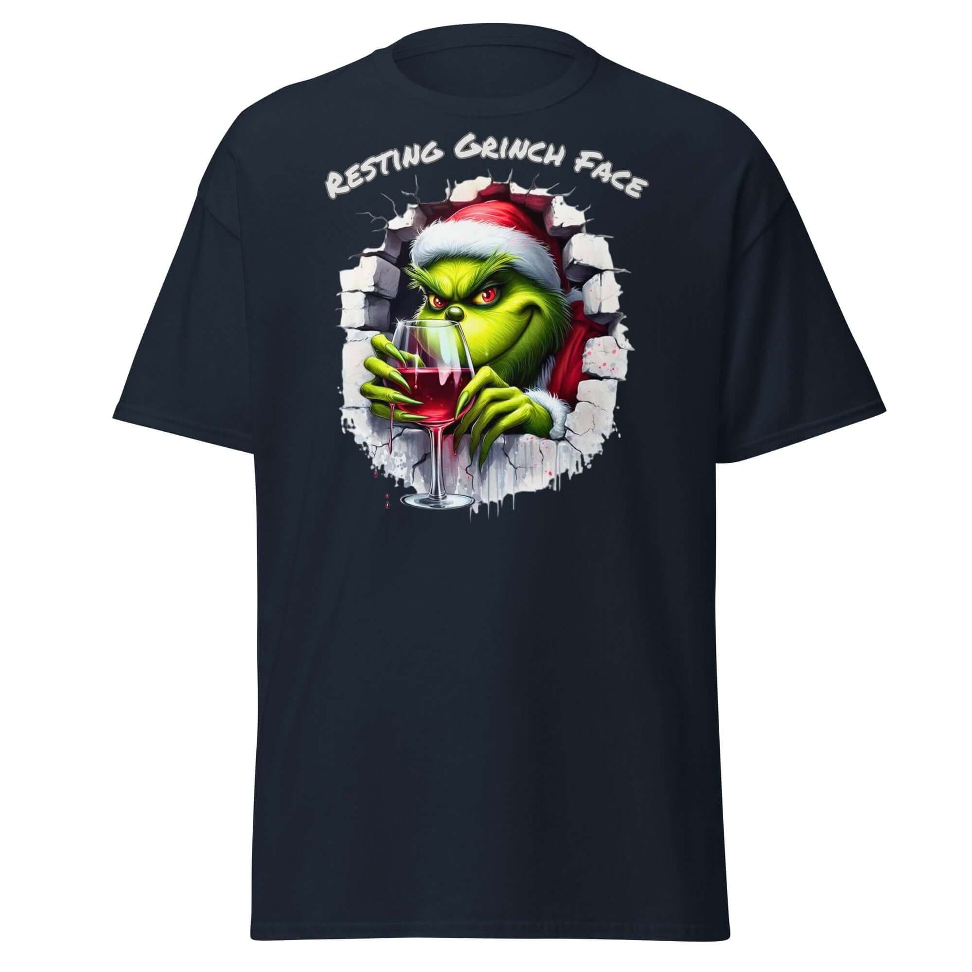 Resting Grinch Face T-Shirt Navy - Vorderseite mit Grinch Weinglas Motiv