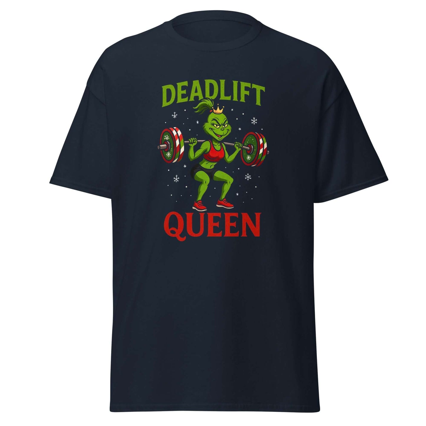 Deadlift Queen T-Shirt Navy - Vorderseite mit Grinch Fitness Motiv