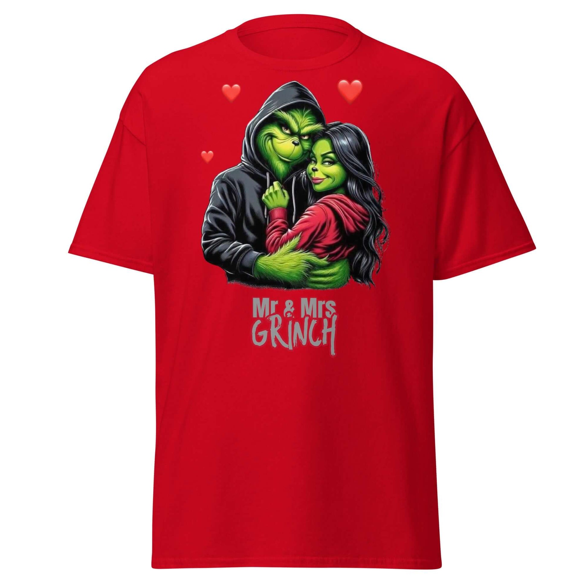 Mr & Mrs Grinch T-Shirt Rot - Vorderseite mit romantischem Grinch Motiv