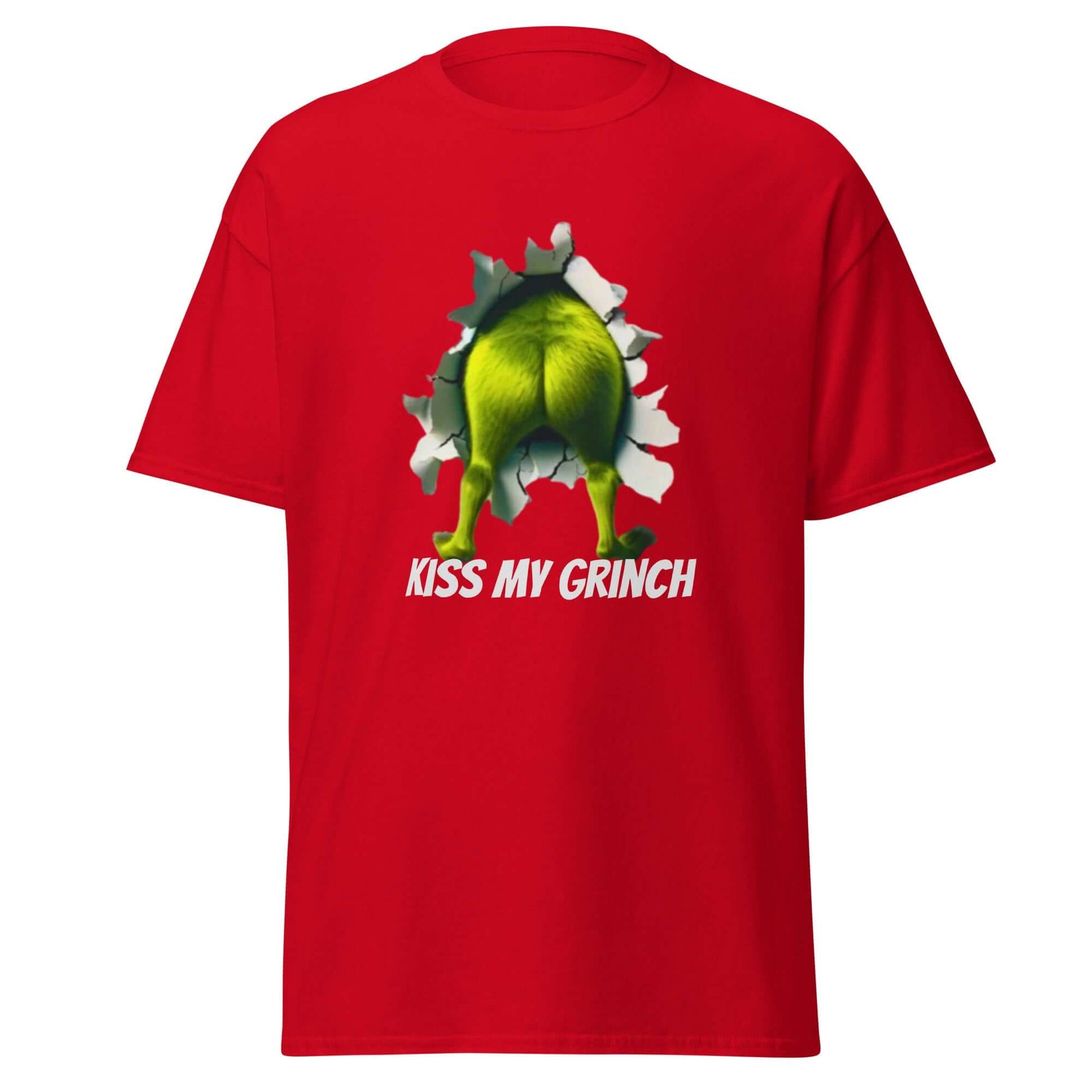 Kiss My Grinch T-Shirt Rot - Vorderseite mit frechem 3D Grinch Motiv